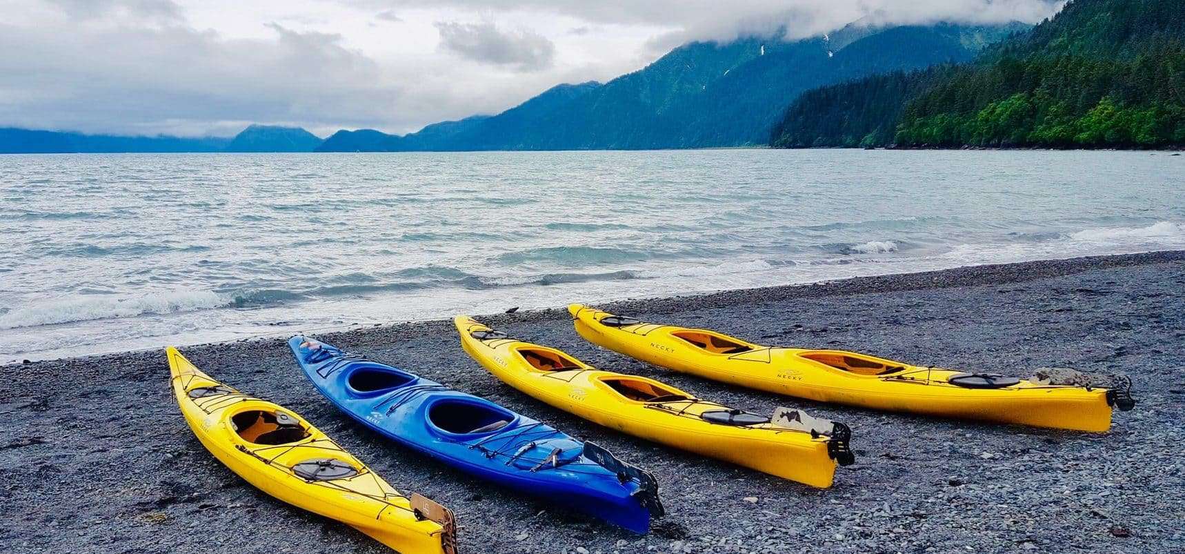 4 touring kayaks on beach